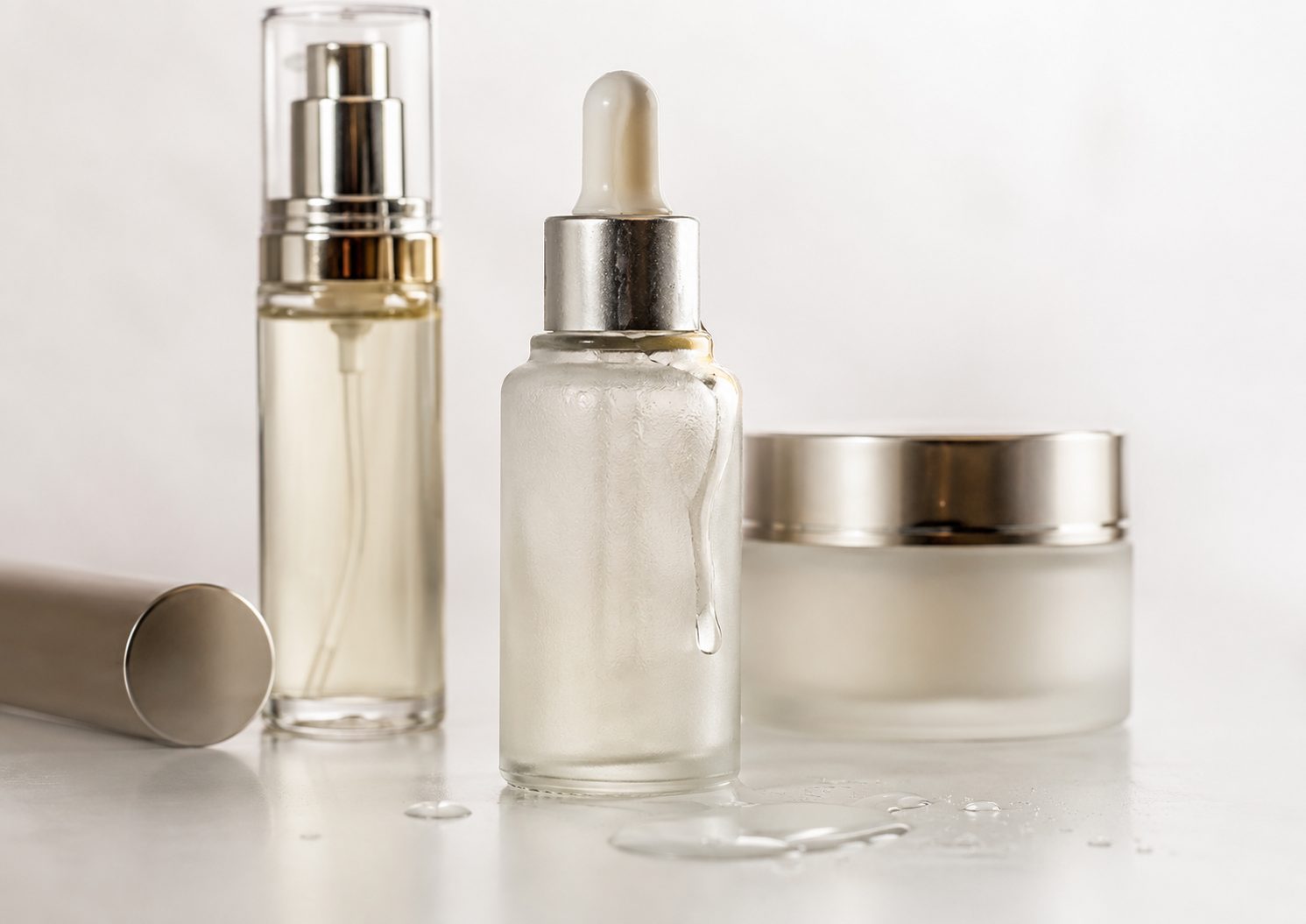 Envases cosméticos con fuga de producto en cierre y bomba durante control de calidad de packaging