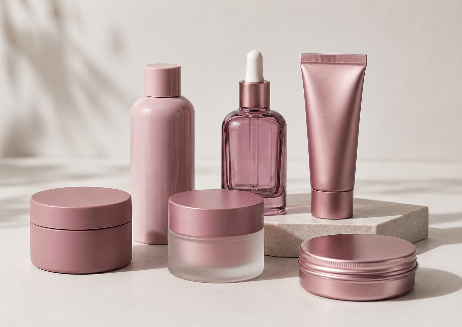 Envases cosméticos rosas con acabados mate, brillante, frosted y metálico.