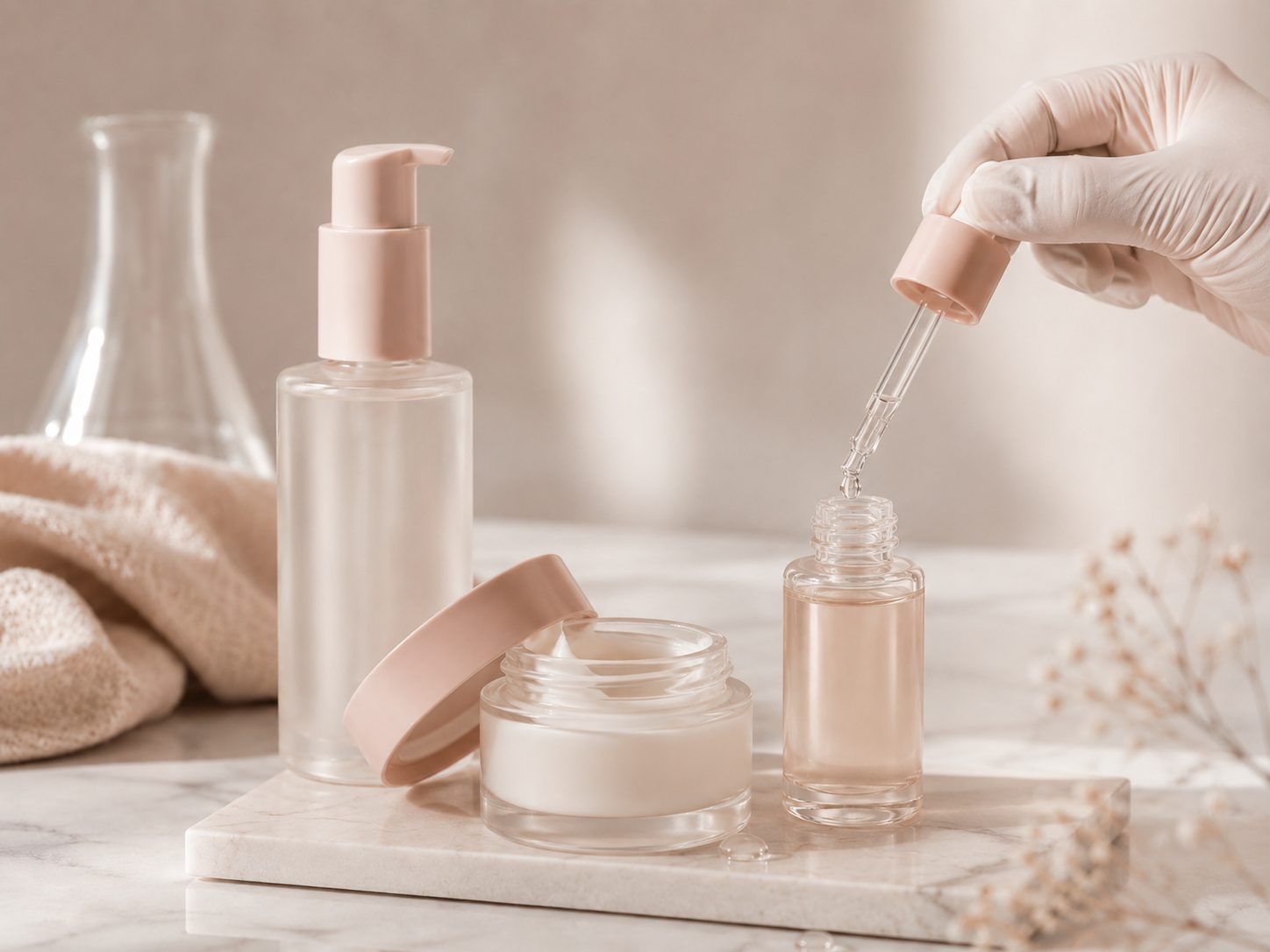 Envases cosméticos con cuentagotas, bomba y tarro abierto durante una revisión de estanqueidad antes de producir.