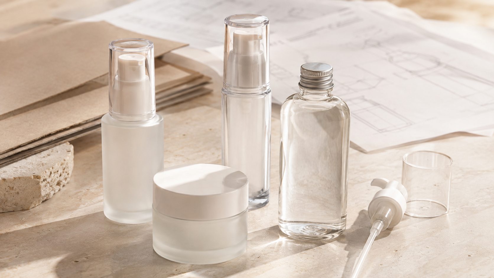 Documentación de envases cosméticos junto a frascos, tarros y bombas para comprobar materiales y componentes.