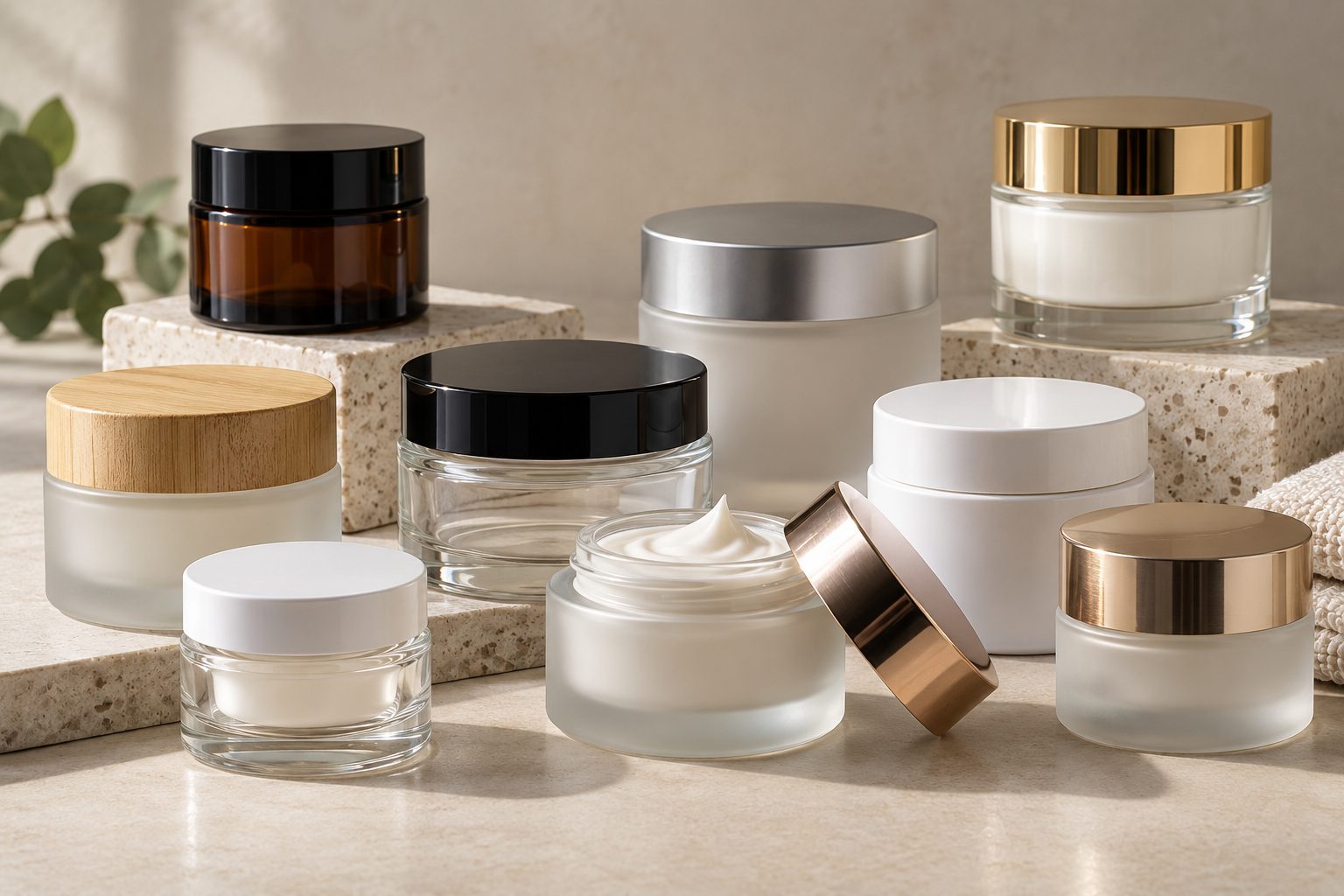 Tarros cosméticos de vidrio y plástico para cremas y cuidado personal